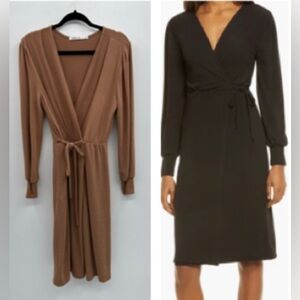 Fraiche by J stretch faux wrap long sleeve khaki midi dress. Large